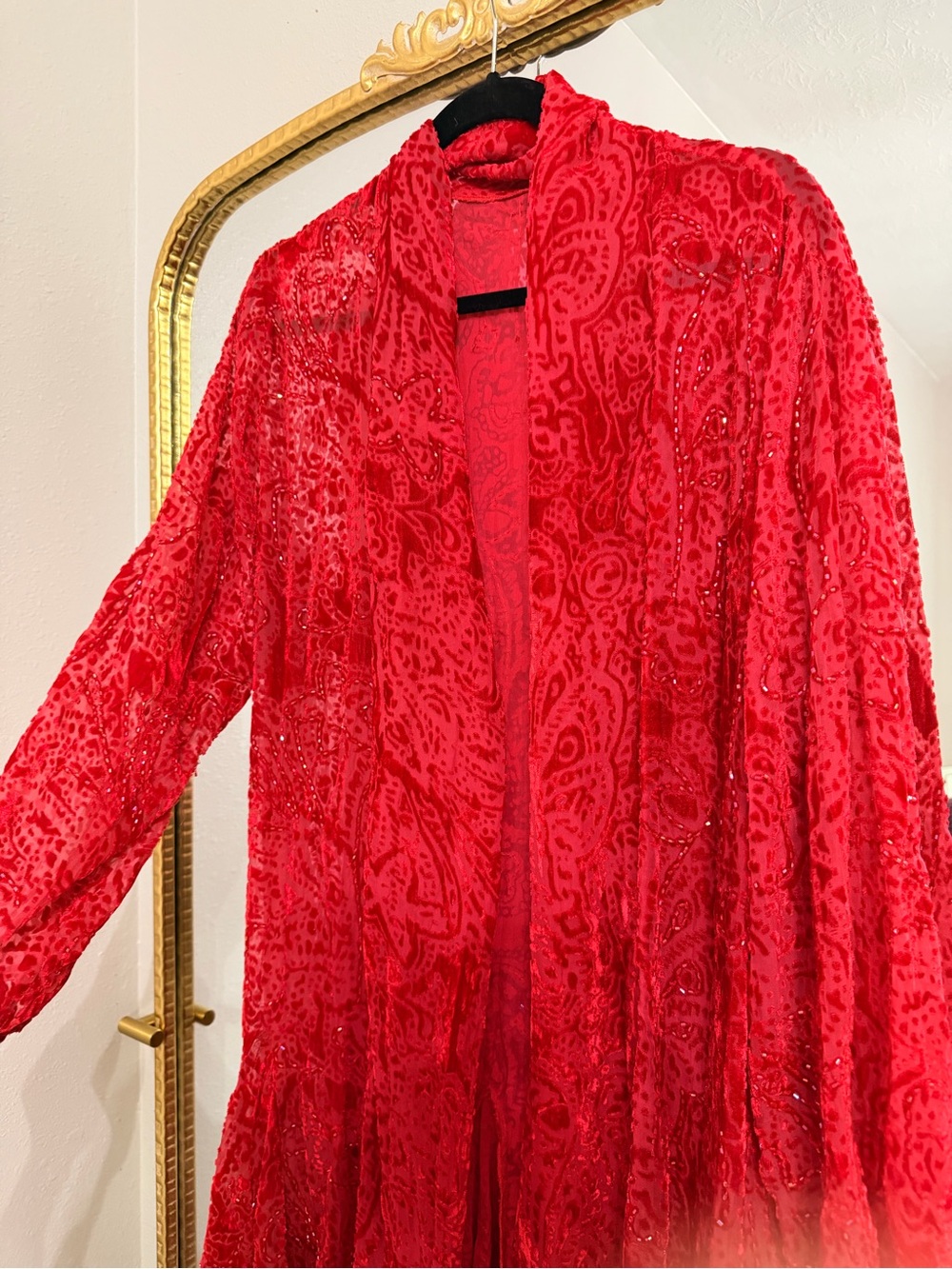 Red Beaded Velvet Burnout Duster Jacket - Picture 2 of 5